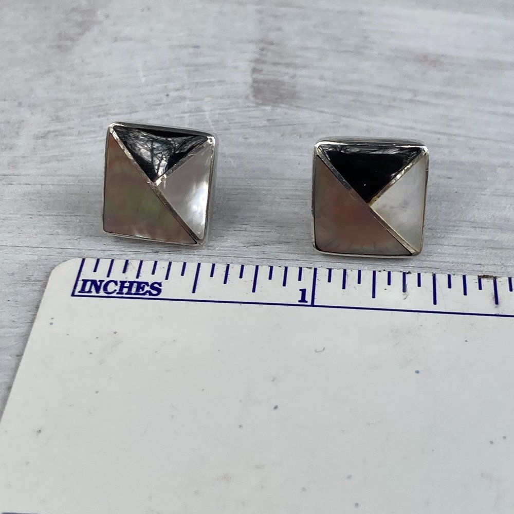 Aceloni  mother of pearl, onyx and abalone sterling silver post earrings